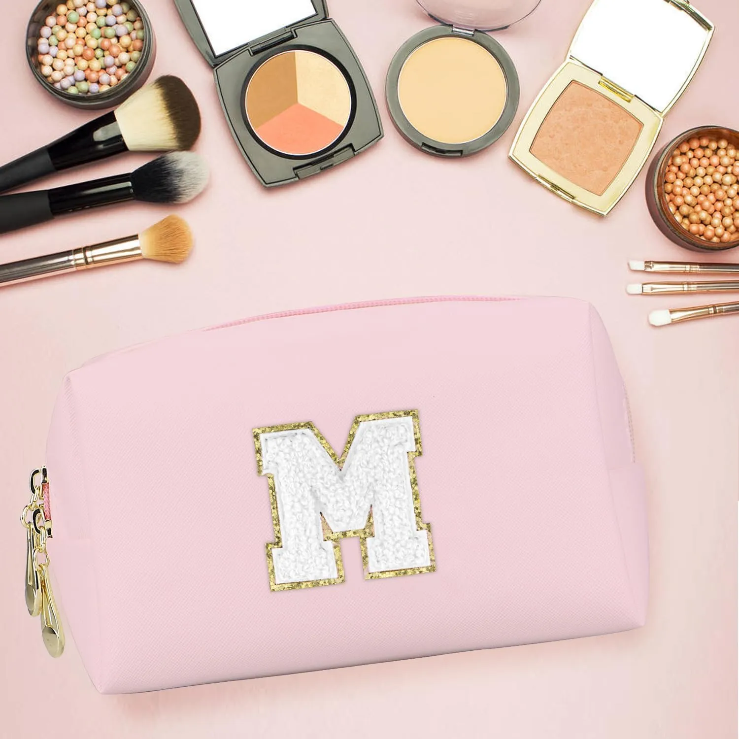 Initial Makeup Bag,Personalized preppy bag Waterproof PU Leather Chenille Letter Cosmetic Bag,Portable Travel Toiletry Bag Monogram Birthday Gift for Women Girls Mom Friends (Pink M)
