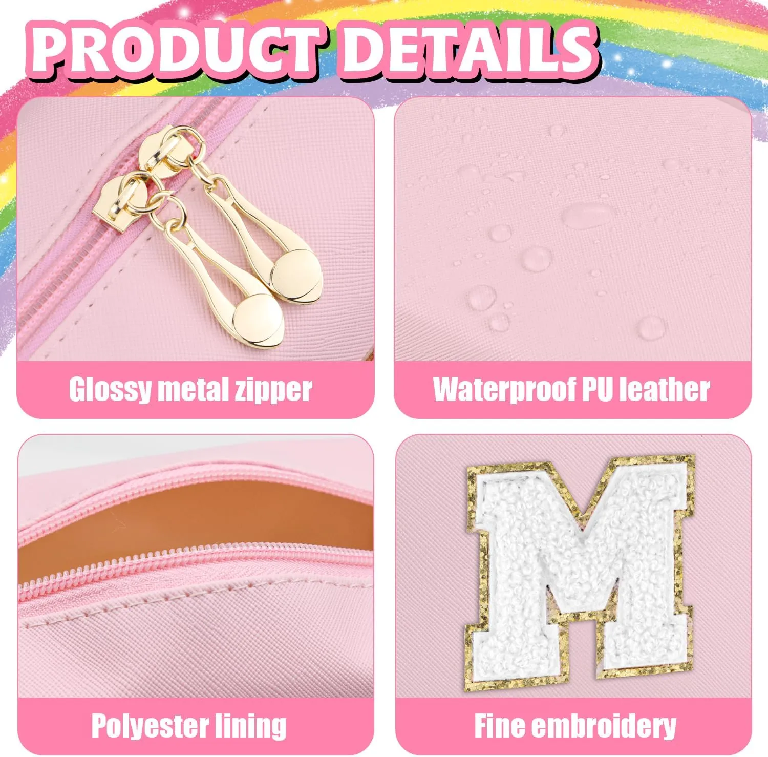 Initial Makeup Bag,Personalized preppy bag Waterproof PU Leather Chenille Letter Cosmetic Bag,Portable Travel Toiletry Bag Monogram Birthday Gift for Women Girls Mom Friends (Pink M)