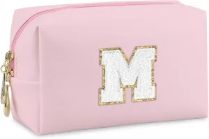 Initial Makeup Bag,Personalized preppy bag Waterproof PU Leather Chenille Letter Cosmetic Bag,Portable Travel Toiletry Bag Monogram Birthday Gift for Women Girls Mom Friends (Pink M)