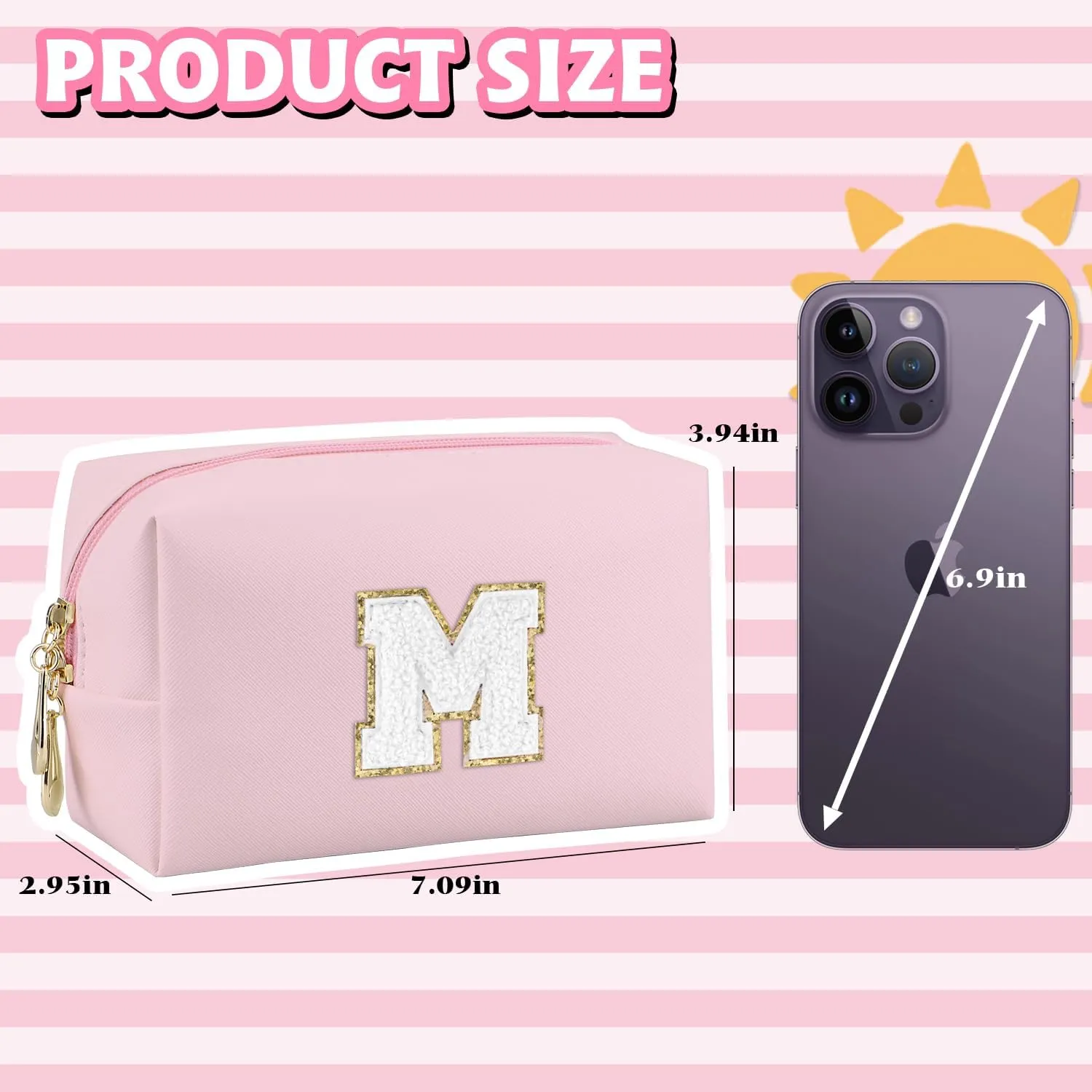 Initial Makeup Bag,Personalized preppy bag Waterproof PU Leather Chenille Letter Cosmetic Bag,Portable Travel Toiletry Bag Monogram Birthday Gift for Women Girls Mom Friends (Pink M)