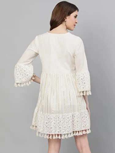 ishin Women's Cotton Above Knee Length A-Line Indo Western Dress Topknm-11017_M_Off White