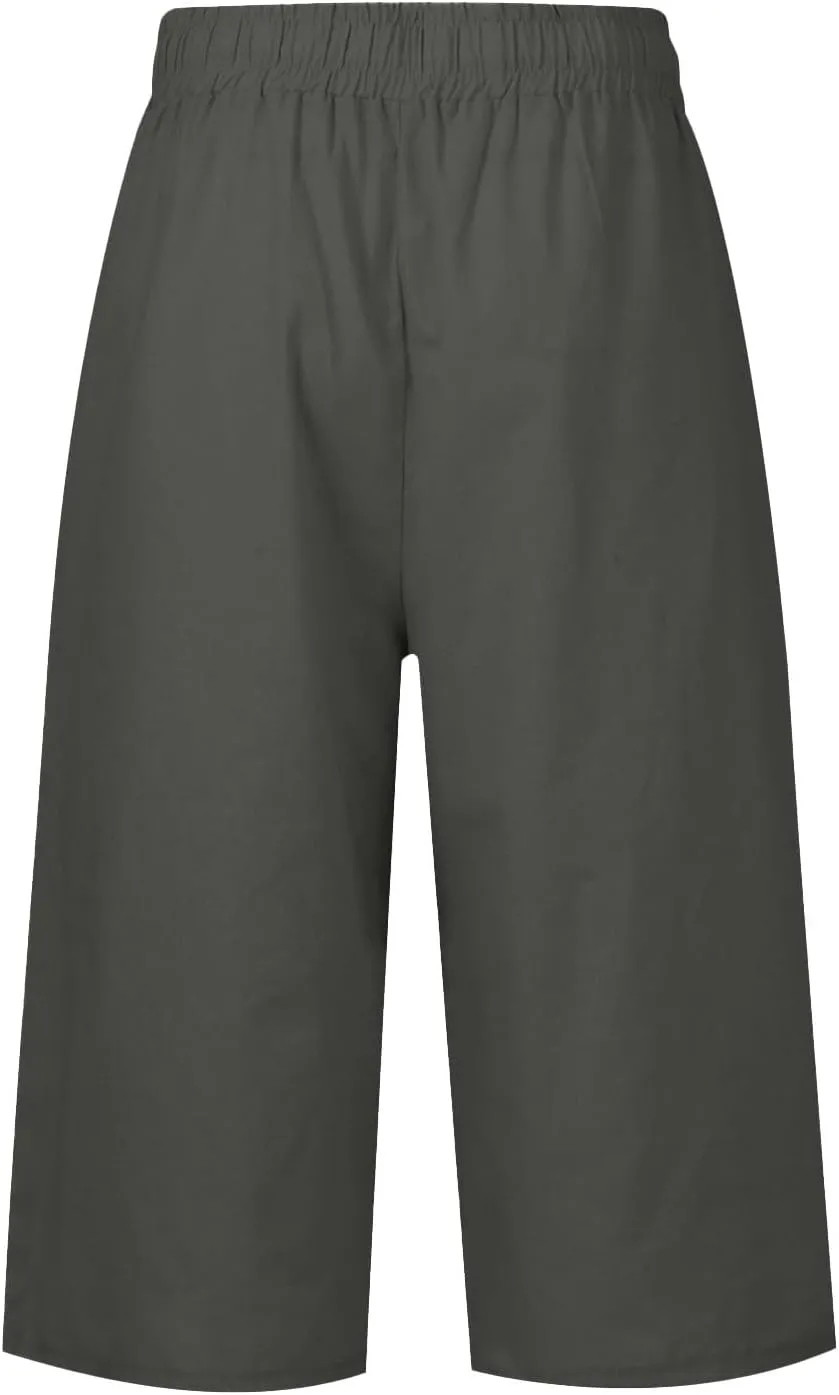 Linen Capri Pants Women Plus Size Elastic Waist Drawstring Wide Leg Cropped Lounge Trousers Summer Beach Pant Outfits