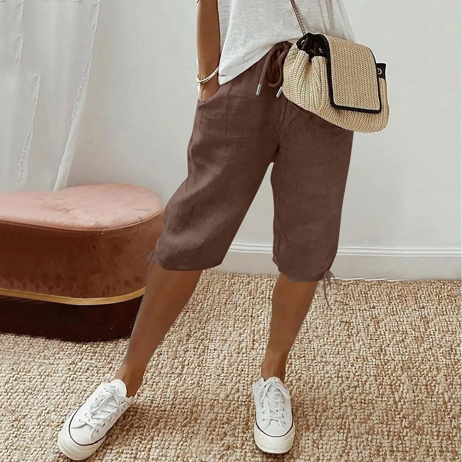 Linen Shorts for Women Lightweight Shorts High Waisted Casual Summer Drawstring Beach Vacation Outfit