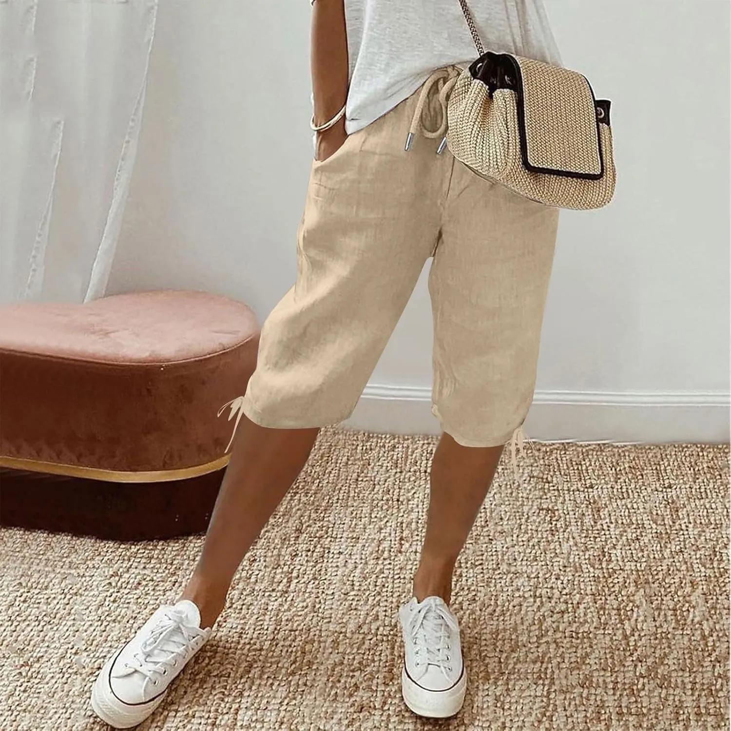 Linen Shorts for Women Lightweight Shorts High Waisted Casual Summer Drawstring Beach Vacation Outfit