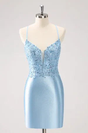 Luolandi Blue Spaghetti Straps Sequined Tight Homecoming Dress Short Party Dress