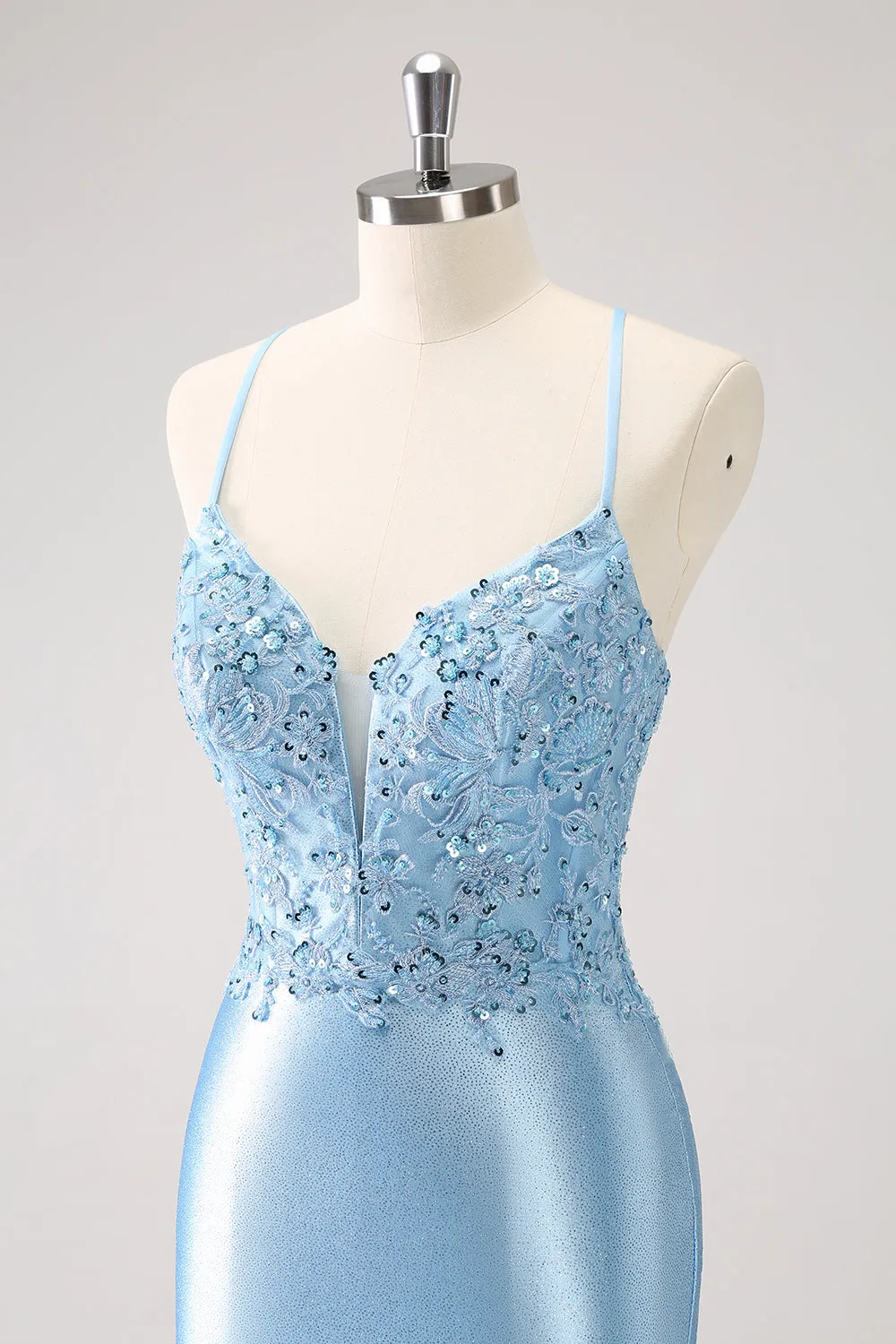 Luolandi Blue Spaghetti Straps Sequined Tight Homecoming Dress Short Party Dress