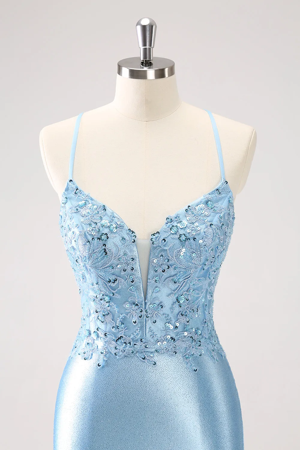 Luolandi Blue Spaghetti Straps Sequined Tight Homecoming Dress Short Party Dress