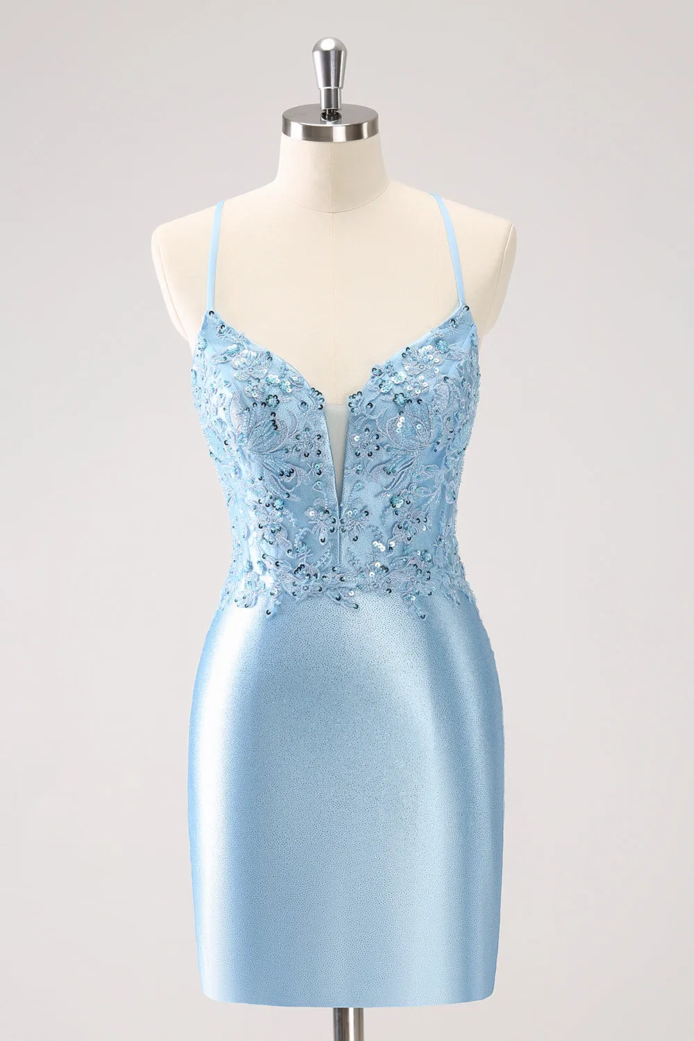 Luolandi Blue Spaghetti Straps Sequined Tight Homecoming Dress Short Party Dress