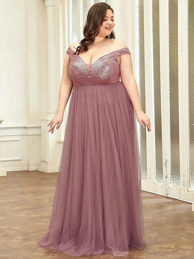 Luolandi Bridesmaid Dress V Neck Sleeveless Elegant Floor Length Tulle / Sequined with Draping / Tier
