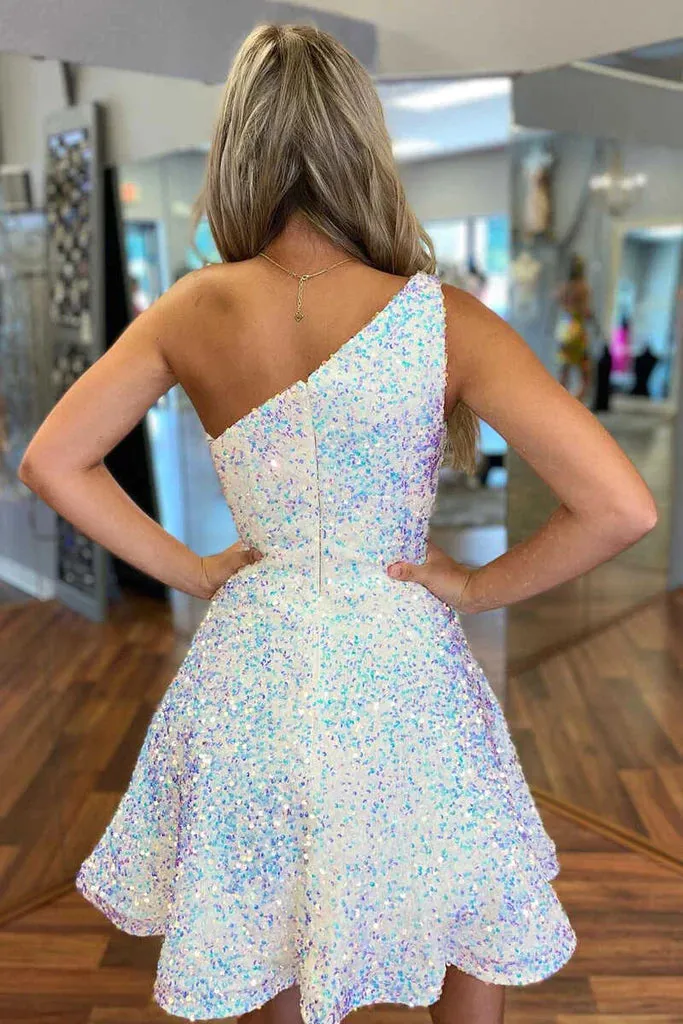 Luolandi Dress Sparkly A Line Sequined One Shoulder Homecoming Gown Short Prom Dress