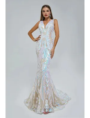 Luolandi Mermaid / Trumpet Evening Gown Sparkle & Shine Dress Wedding Guest Engagement Court Train Sleeveless V Neck Sequined