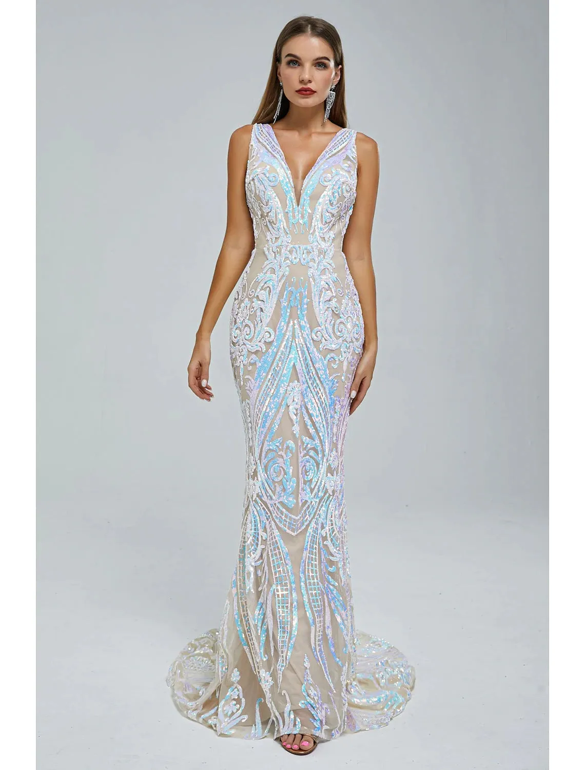 Luolandi Mermaid / Trumpet Evening Gown Sparkle & Shine Dress Wedding Guest Engagement Court Train Sleeveless V Neck Sequined