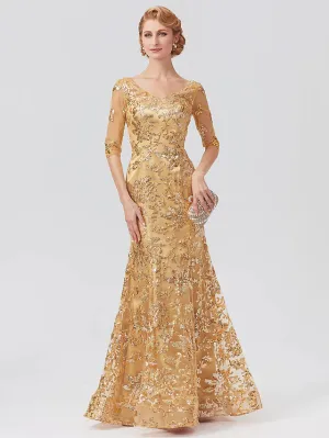 Luolandi Mermaid / Trumpet Mother of the Bride Dress Elegant Sparkle & Shine V Neck Floor Length Tulle Sequined Half Sleeve