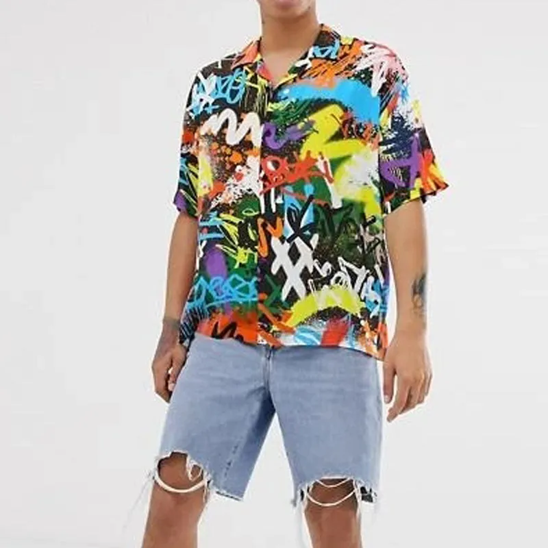 Mens Colorful Print Buttons Short Sleeve Shirts SKUF03706