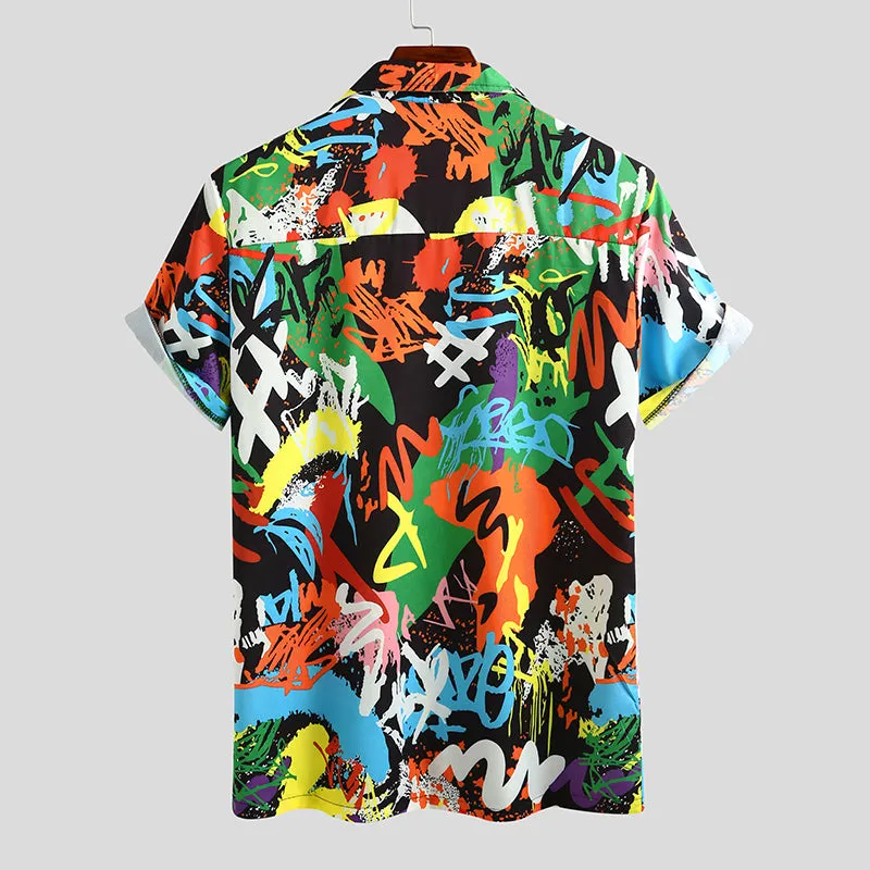 Mens Colorful Print Buttons Short Sleeve Shirts SKUF03706