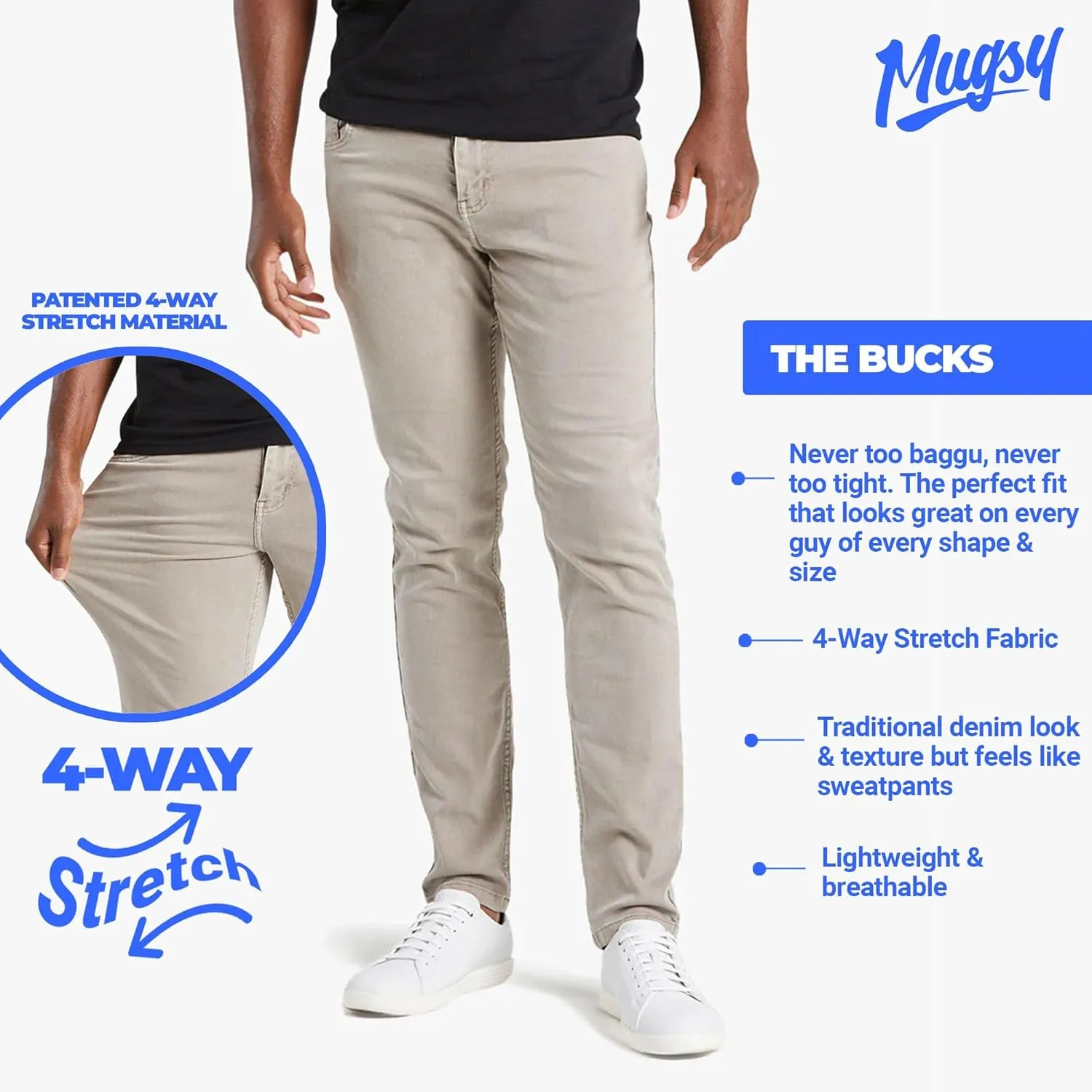 Mugsy Mens Jeans, Classic Fit, Stretch Denim Jeans for Men, Comfortable, 4-Way Stretch, Flexible Pants, Size Up If Needed