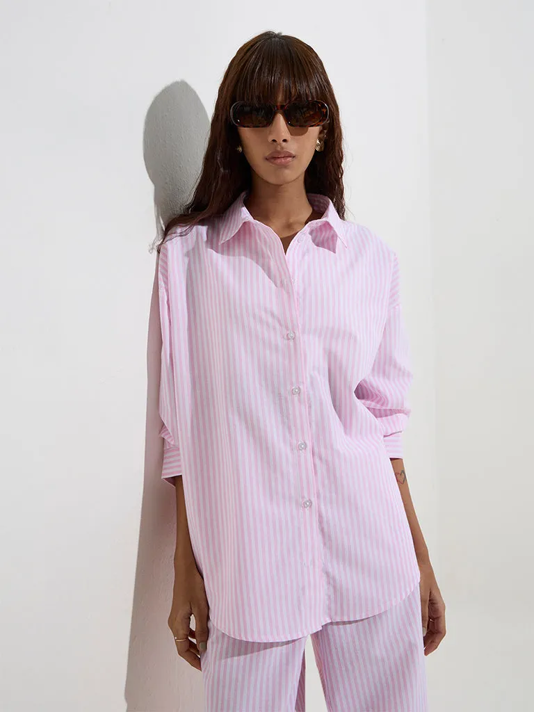Nuon Pink Stripe Patterned Cotton Shirt