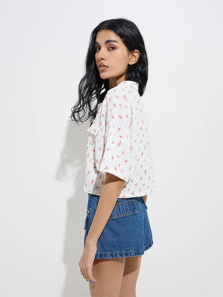 Nuon White Floral Patterned Smocked Shirt