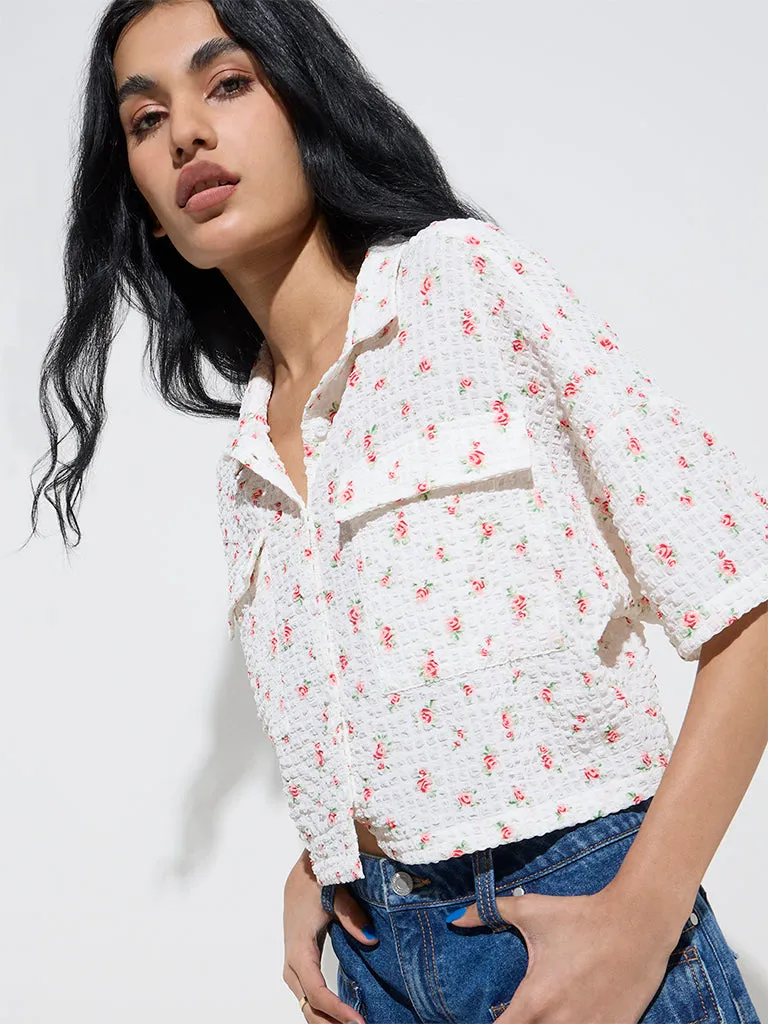Nuon White Floral Patterned Smocked Shirt