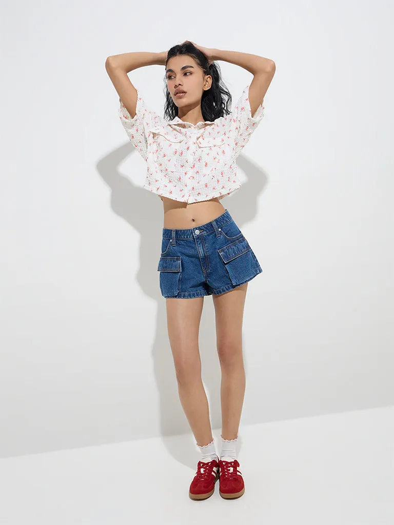 Nuon White Floral Patterned Smocked Shirt