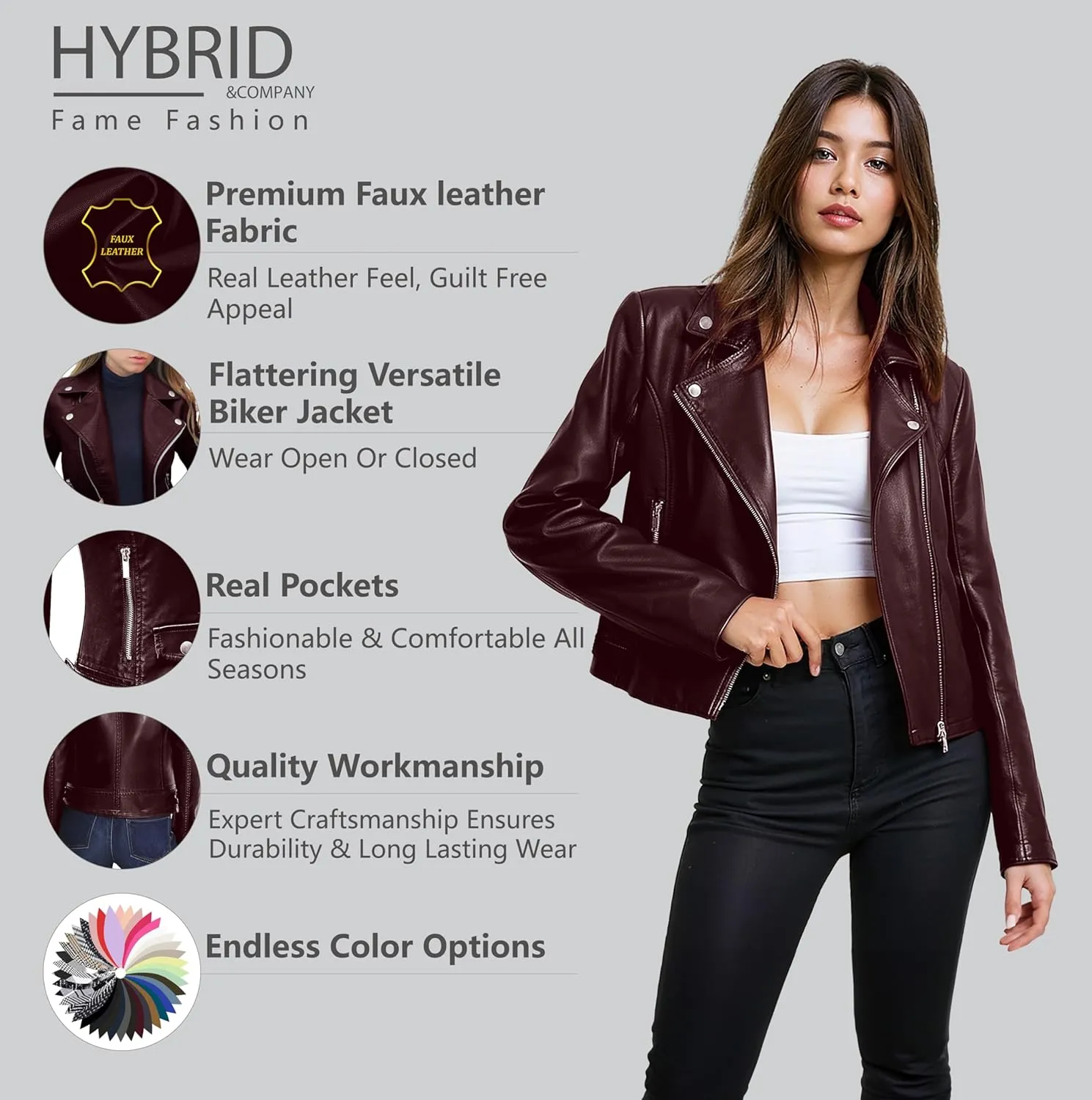 Olivia Miller Women's Faux Leather Moto Biker Jacket Long Sleeve Zip Jacket