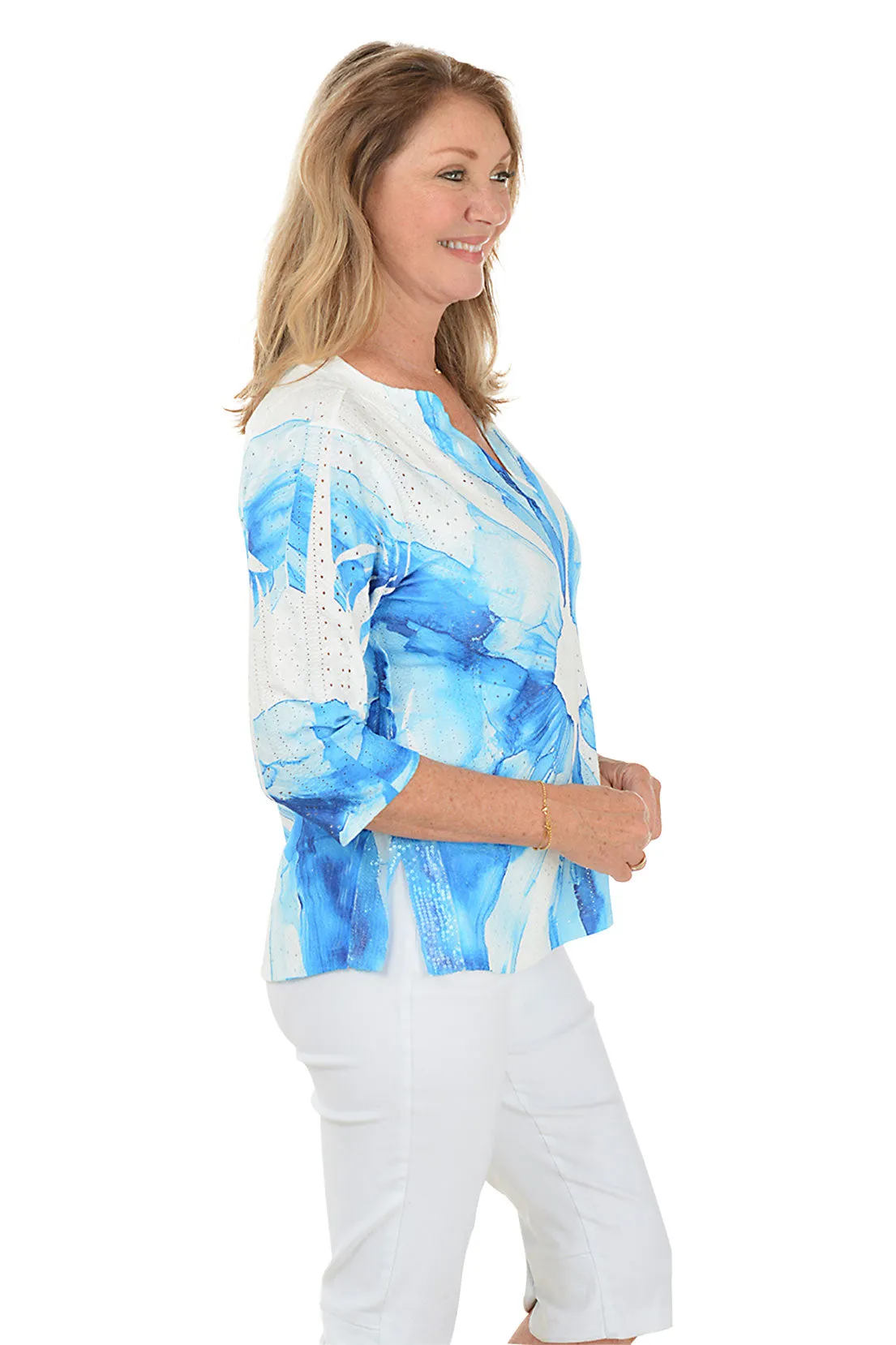 Petite Blue Flower High-Low Eyelet Top