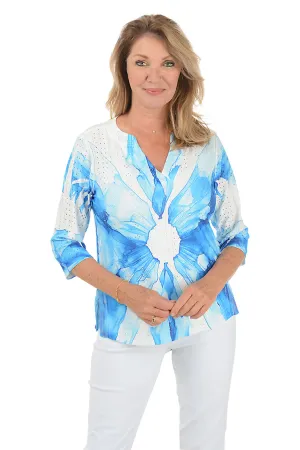 Petite Blue Flower High-Low Eyelet Top