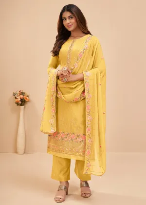 Rich Yellow Floral Embroidered Festive Pant Style Suit