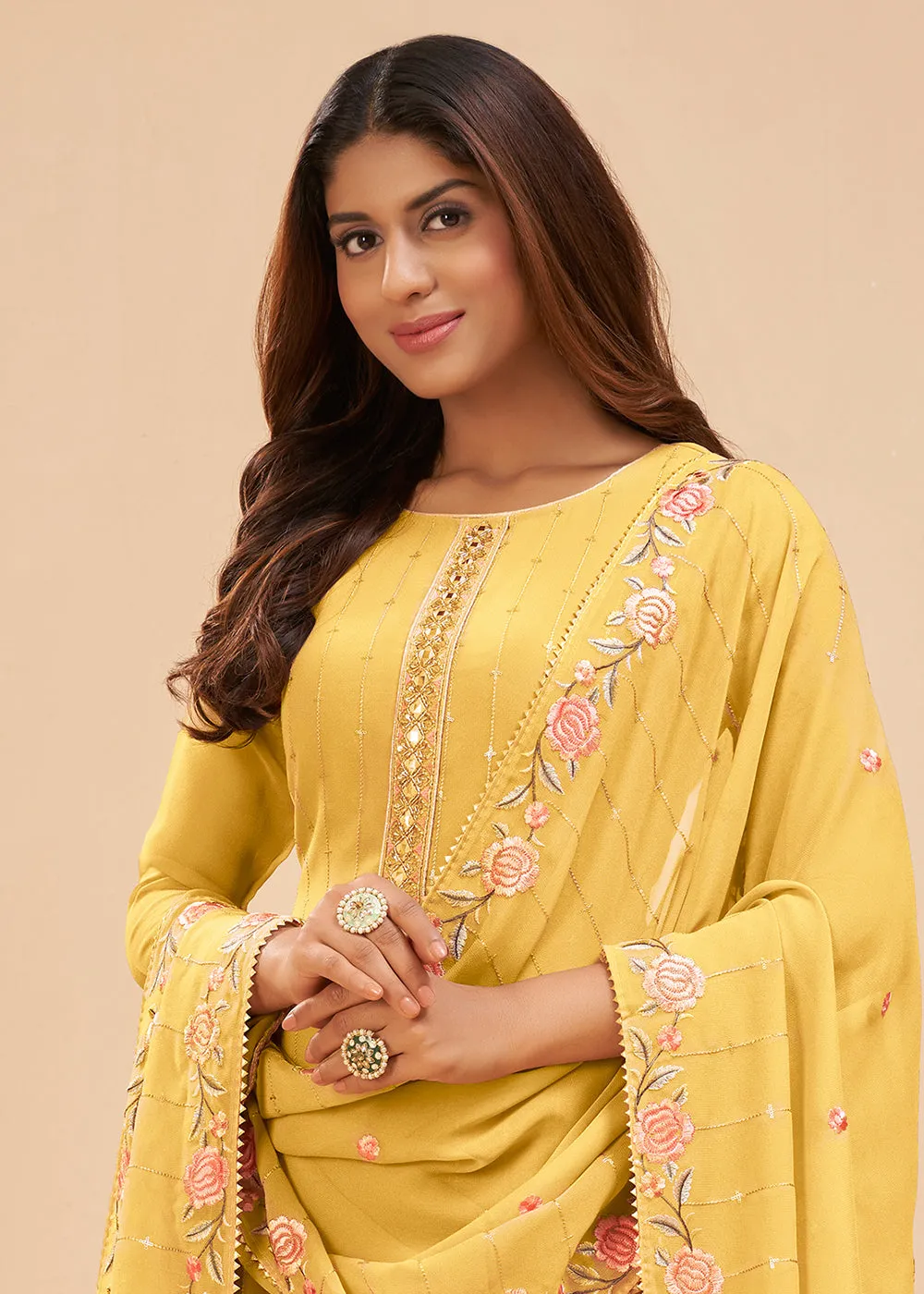 Rich Yellow Floral Embroidered Festive Pant Style Suit
