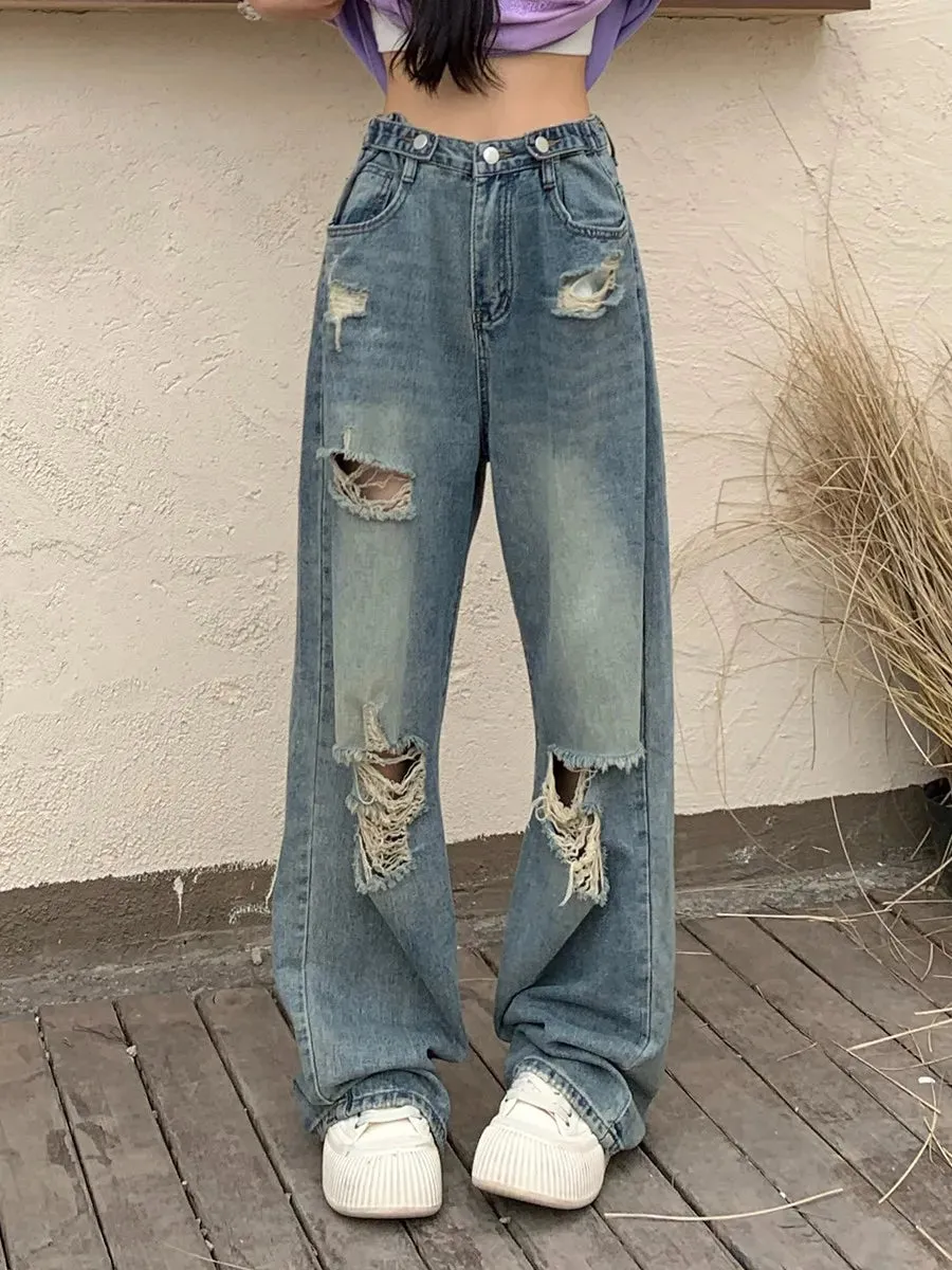 Ripped Mid Waist Wide Leg Y2K Cargo Jeans