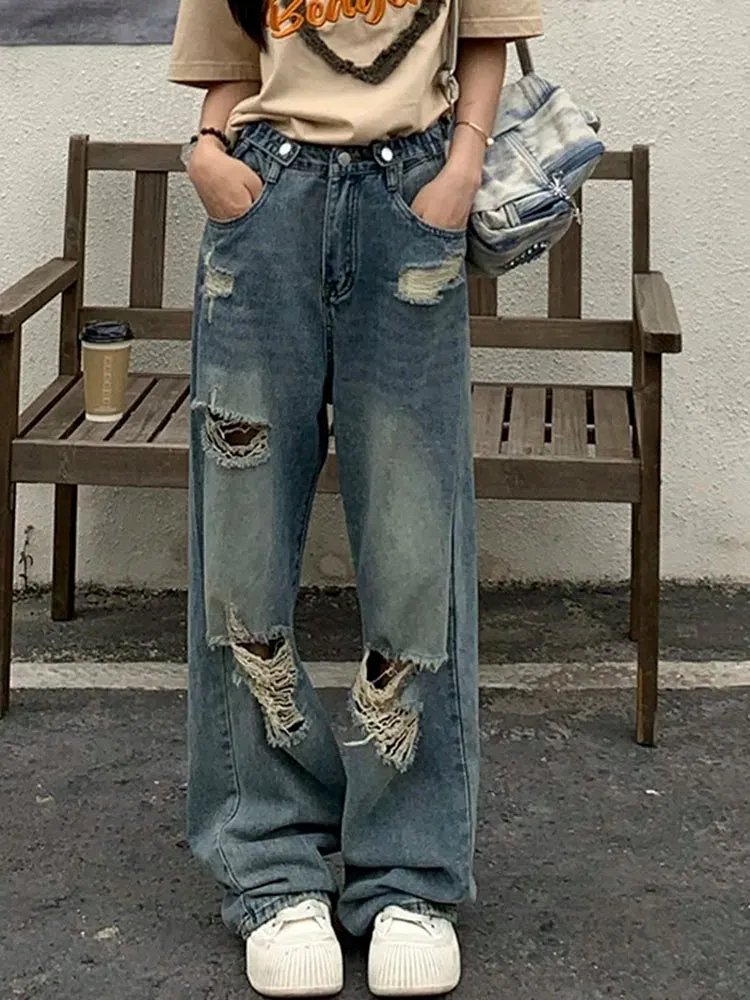 Ripped Mid Waist Wide Leg Y2K Cargo Jeans