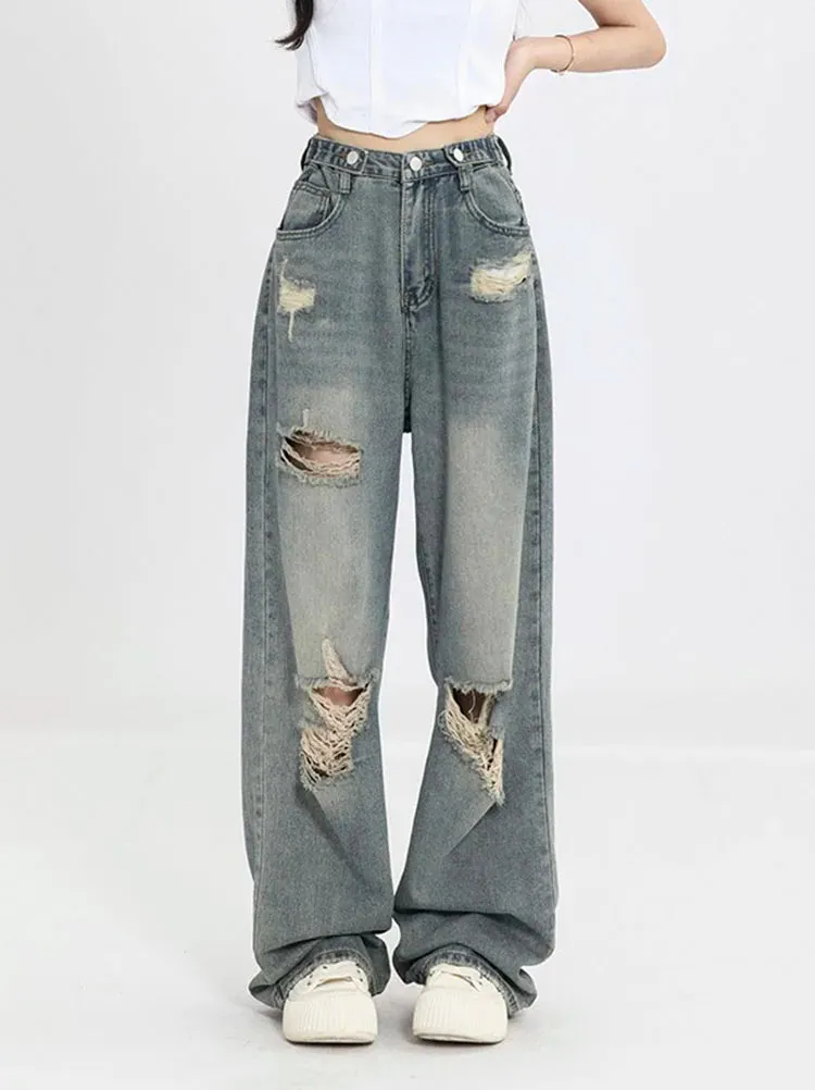 Ripped Mid Waist Wide Leg Y2K Cargo Jeans
