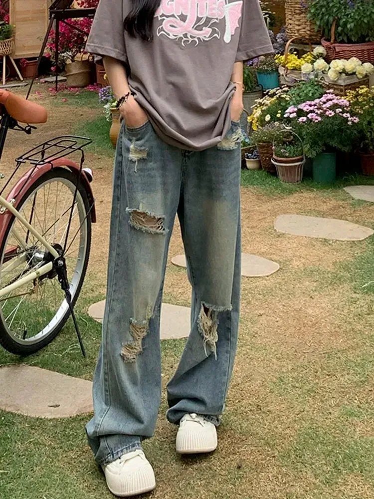 Ripped Mid Waist Wide Leg Y2K Cargo Jeans