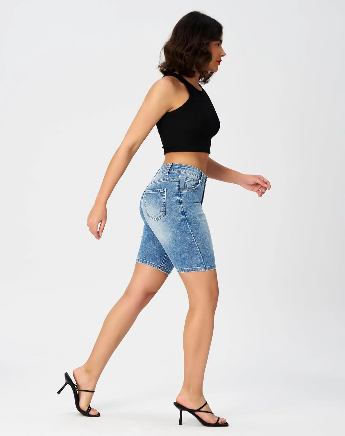 roswear Women's High Waisted Bermuda Shorts Stretchy Knee Length Jean Shorts