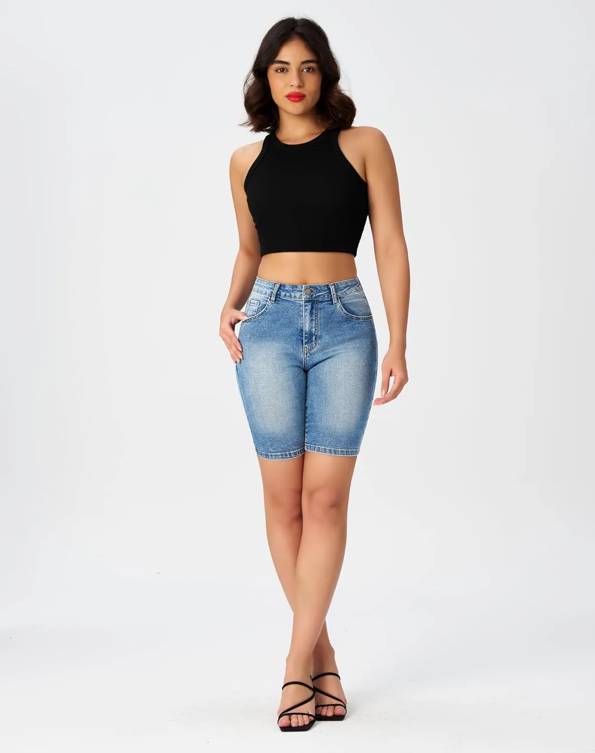 roswear Women's High Waisted Bermuda Shorts Stretchy Knee Length Jean Shorts