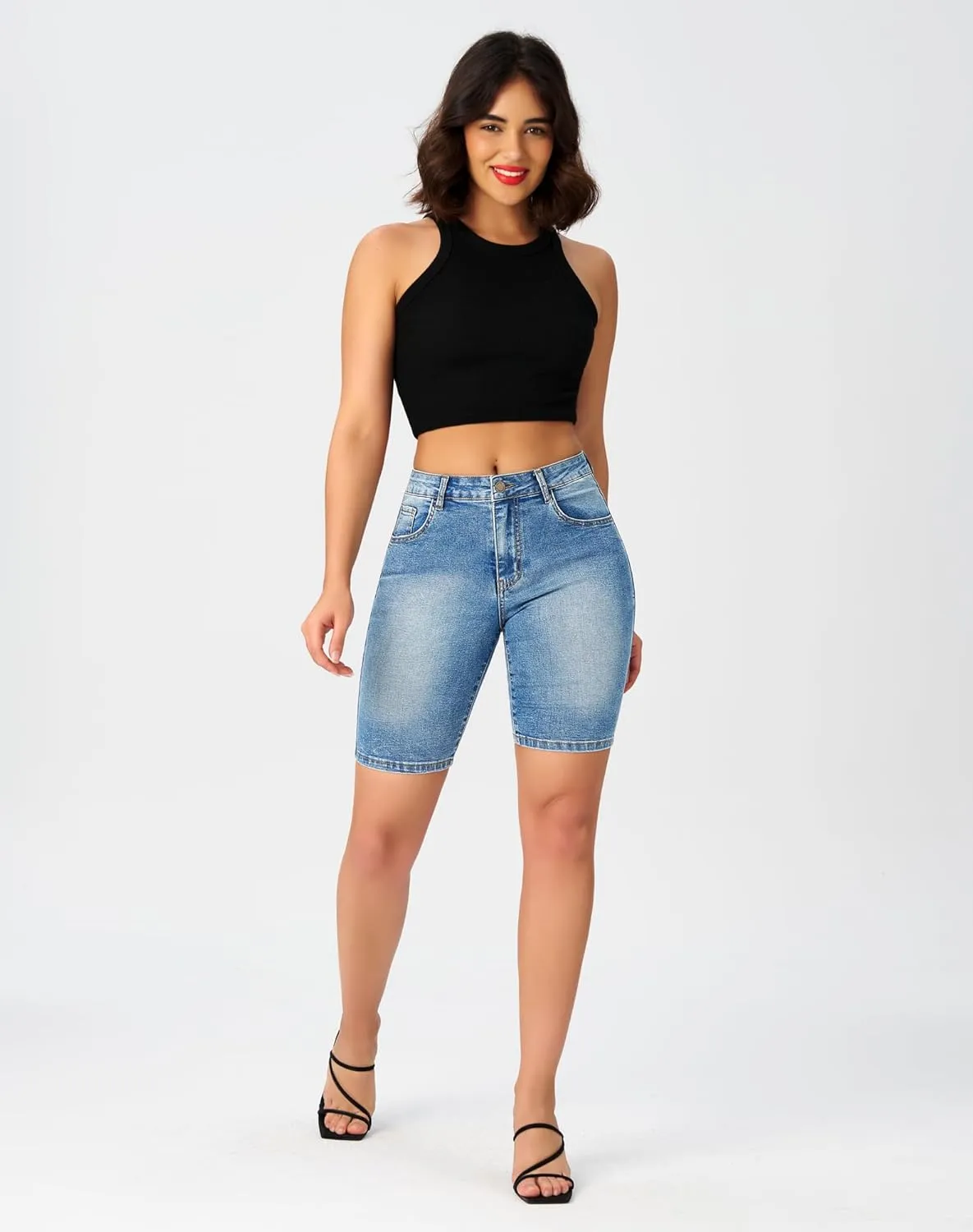 roswear Women's High Waisted Bermuda Shorts Stretchy Knee Length Jean Shorts