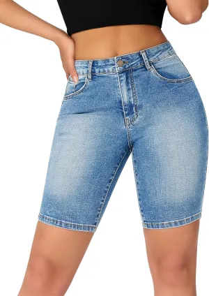 roswear Women's High Waisted Bermuda Shorts Stretchy Knee Length Jean Shorts