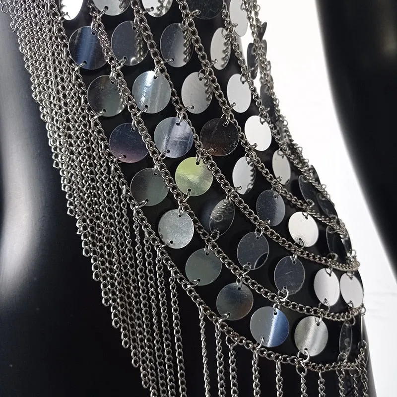 Sequined Crop Tops Metal Chain Tassel