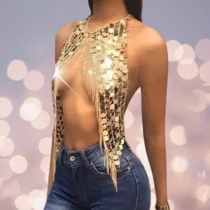 Sequined Crop Tops Metal Chain Tassel