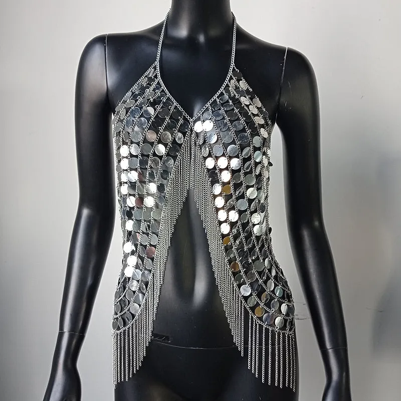 Sequined Crop Tops Metal Chain Tassel