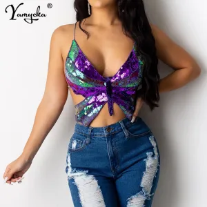 Sexy Halter Sequin Butterfly Top Corset y2k Crop Top Women Summer Top Club Womens Tops Backless Party Vintage Clothes Tank Top