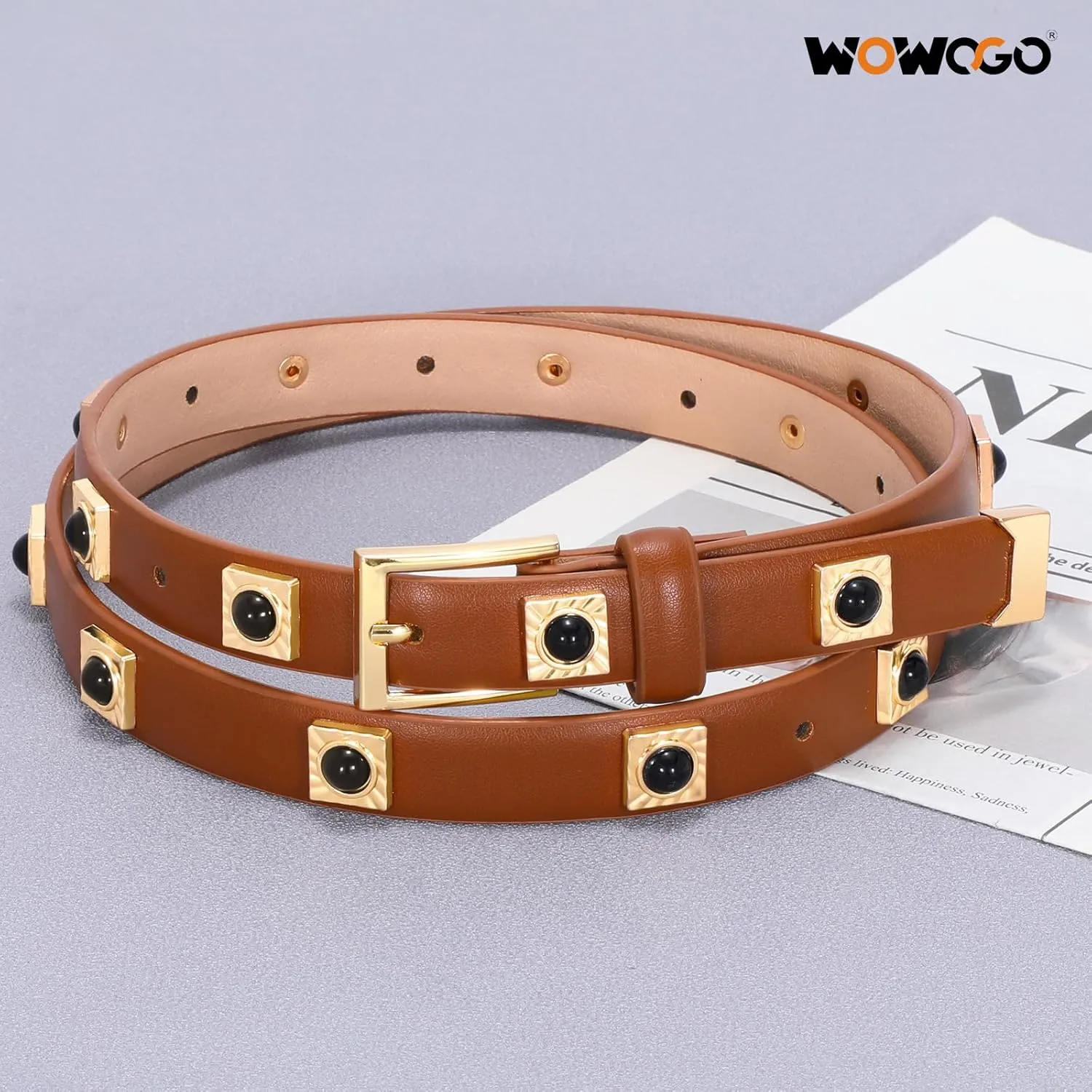 Studded Belt for Women Skinny Leather Belt Fashion Punk Thin Ladies Belt for Jeans Pants Dresses