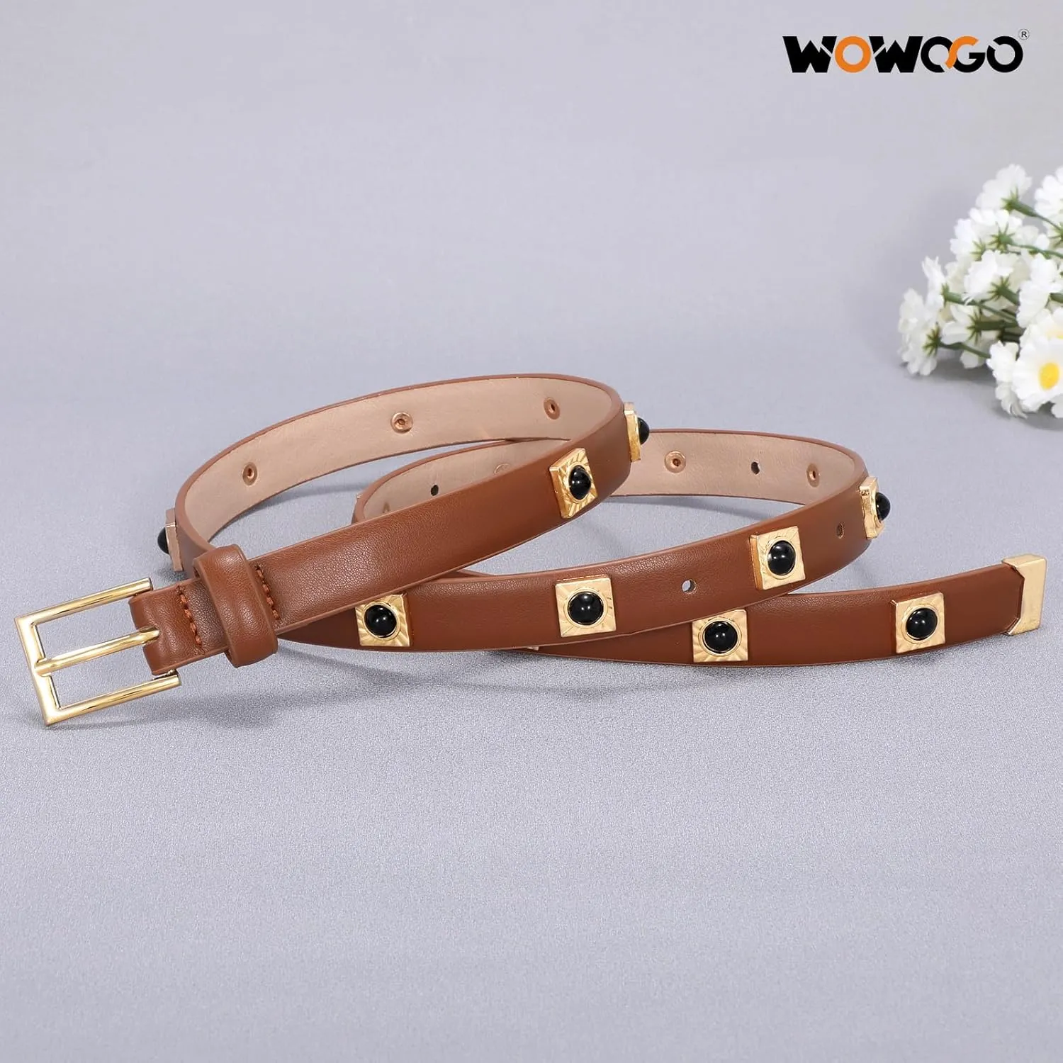 Studded Belt for Women Skinny Leather Belt Fashion Punk Thin Ladies Belt for Jeans Pants Dresses