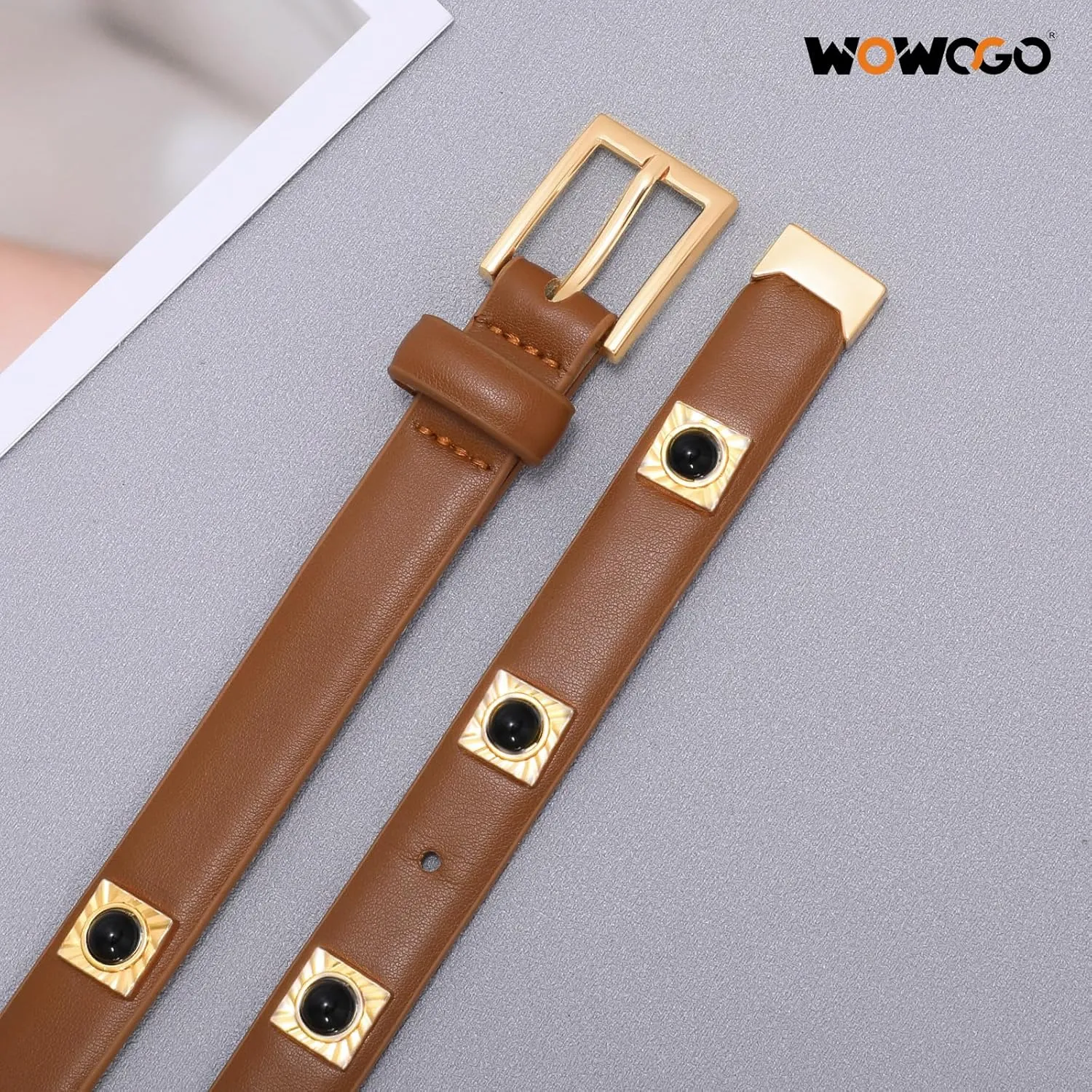Studded Belt for Women Skinny Leather Belt Fashion Punk Thin Ladies Belt for Jeans Pants Dresses