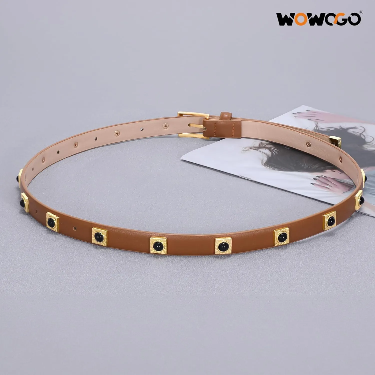 Studded Belt for Women Skinny Leather Belt Fashion Punk Thin Ladies Belt for Jeans Pants Dresses
