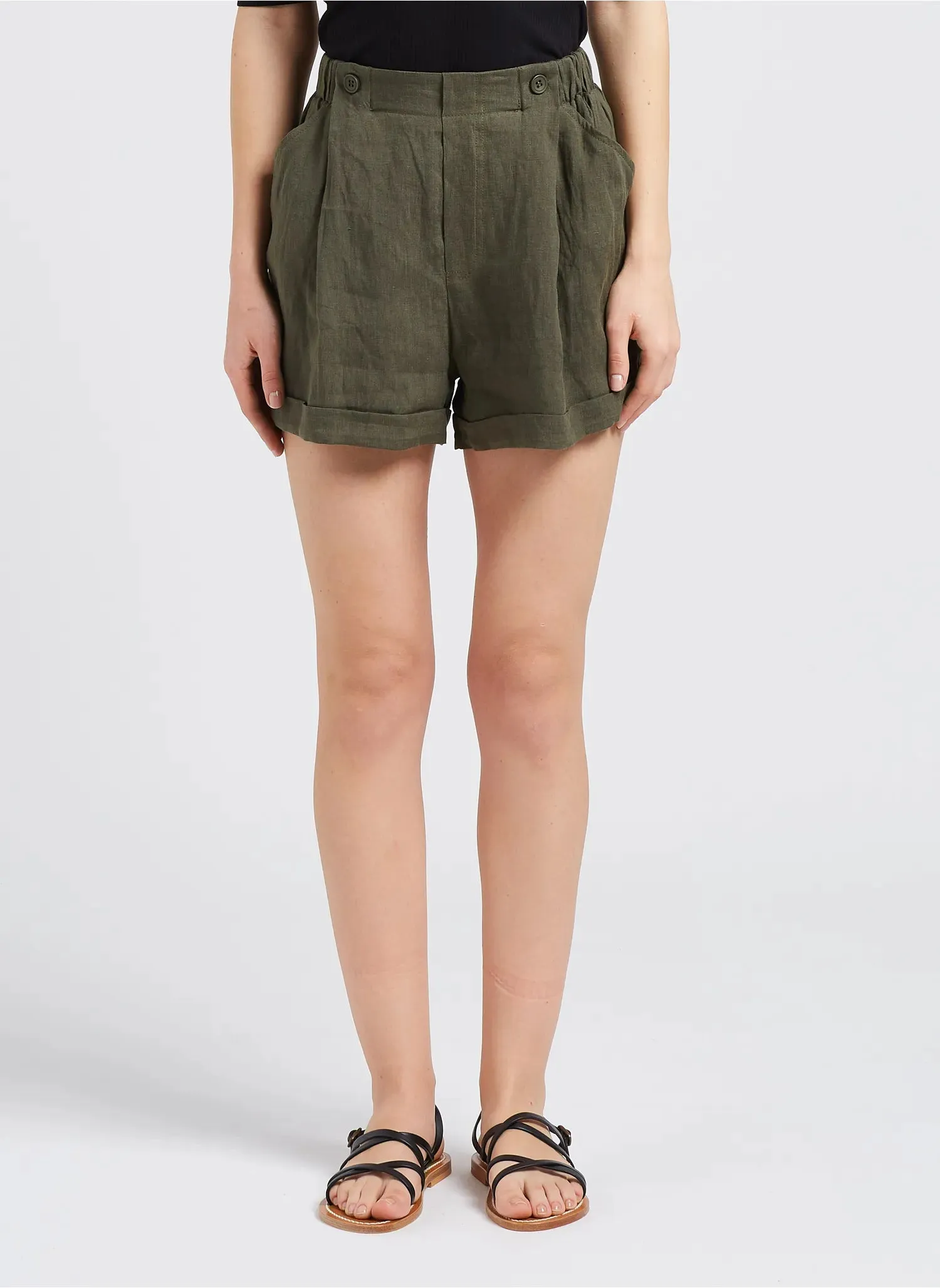 The Gillian Linen Button Shorts - Khaki