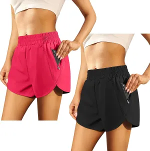URATOT 2 Pack Women's Athletic Shorts Quick Dry High Waisted Running Shorts with Zip Pocket Gym Elastic Workout Short