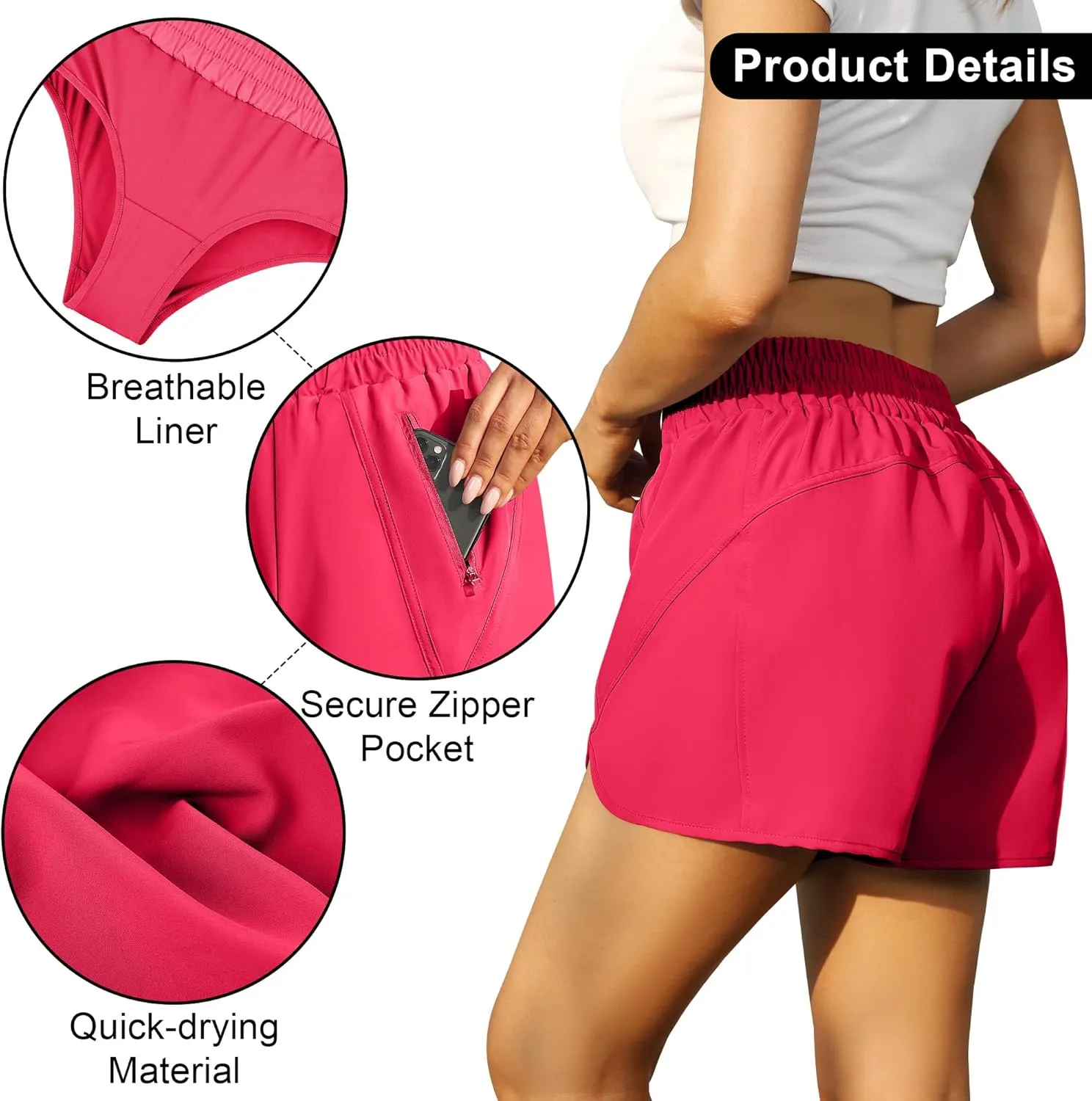 URATOT 2 Pack Women's Athletic Shorts Quick Dry High Waisted Running Shorts with Zip Pocket Gym Elastic Workout Short