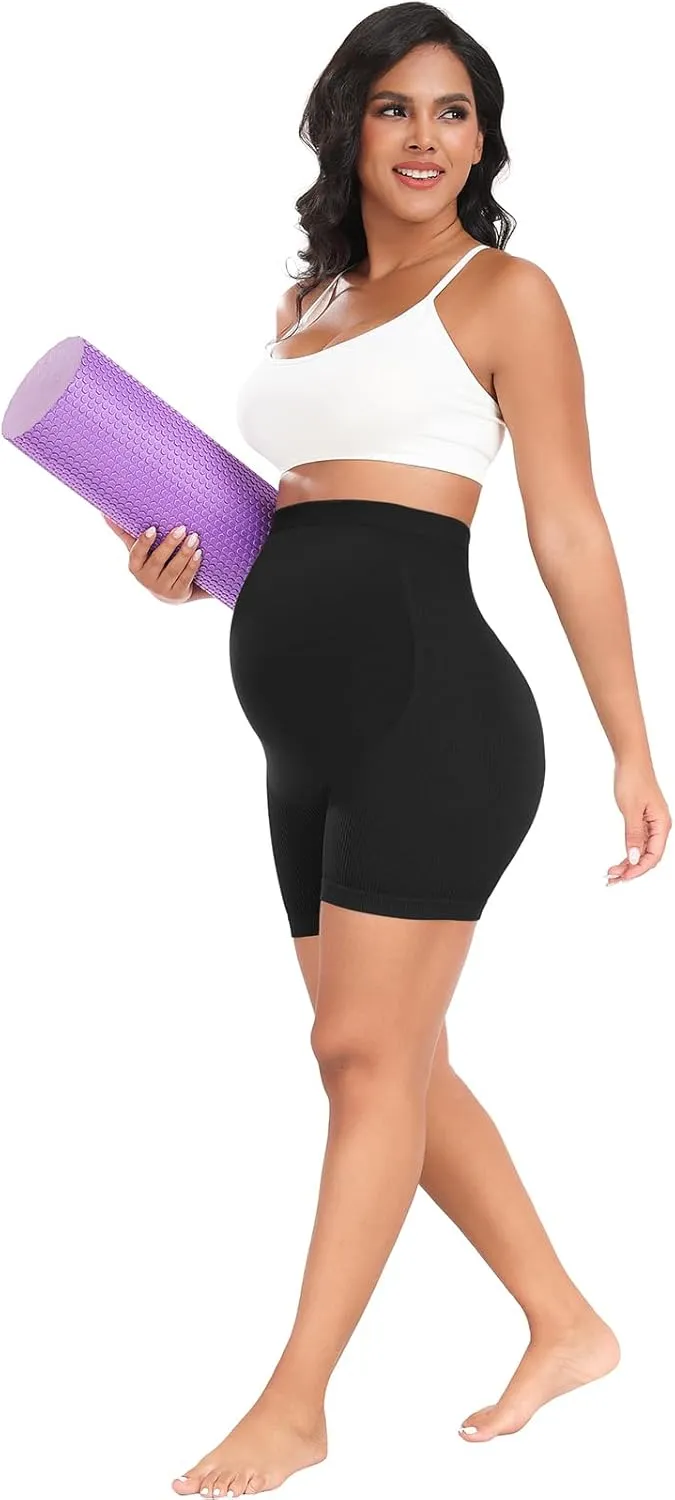 URUWASHI Ribbed Maternity Shorts Over The Belly Seamless 5" Pregnancy Workout Athletic Biker Shorts for Women