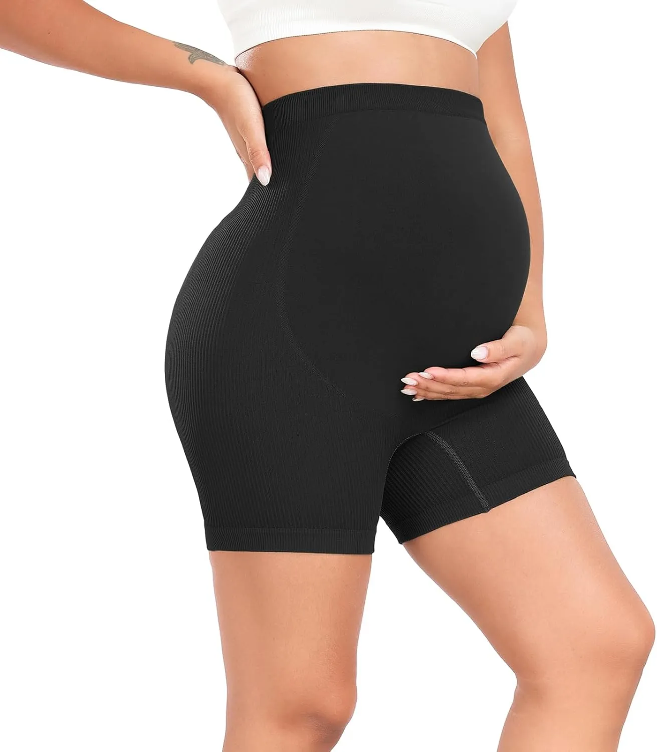 URUWASHI Ribbed Maternity Shorts Over The Belly Seamless 5" Pregnancy Workout Athletic Biker Shorts for Women